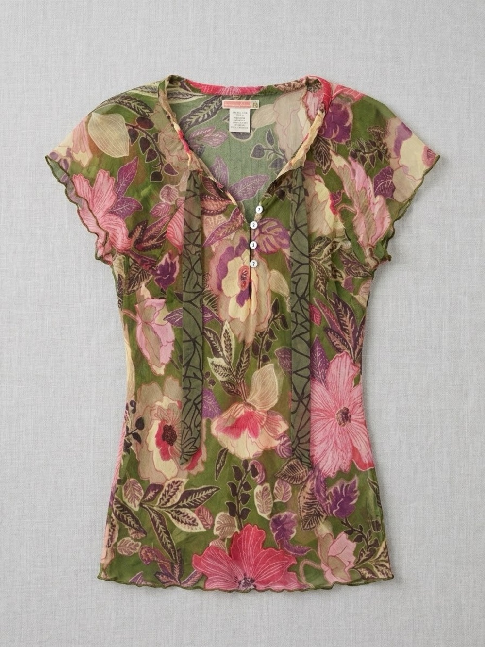 Floral Olive Henley Sheer Tee with Pink & Purple Blooms